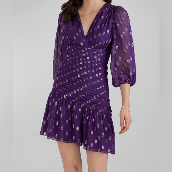 Shoshanna Adrianna Asymmetrical Ruched Mini Dress Purple Gold 10 - Picture 1 of 12